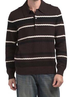 NN07 Men's Brown Striped Pattern Organic Cotton Long Sleeve Polo Sweater